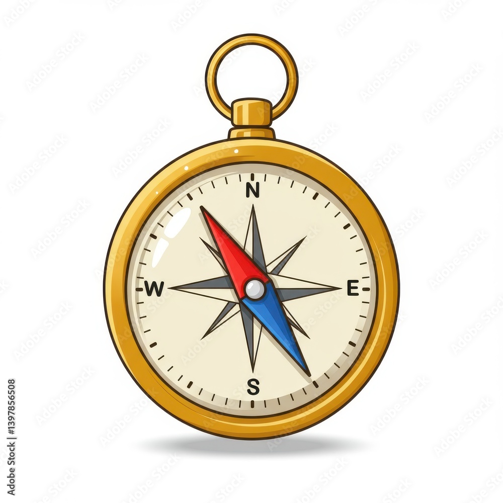Illustration of a gold compass with red and blue needle pointing north on a white background Illustration of a gold compass with red and blue needle pointing north on a white background