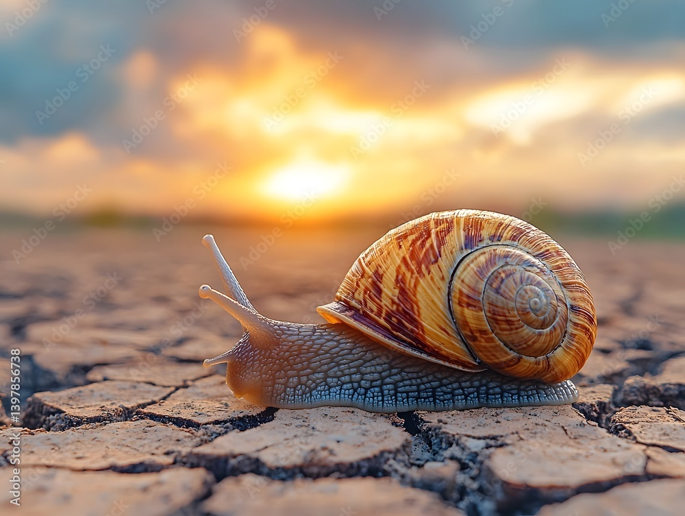 A colorful snail s shell glistens in the sunset light on cracked arid soil