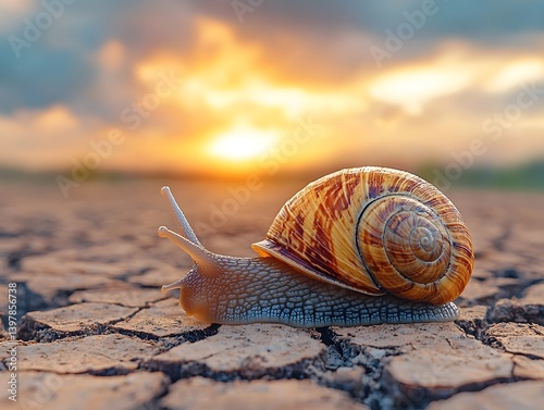 Obraz na płótnie A colorful snail s shell glistens in the sunset light on cracked arid soil w salonie