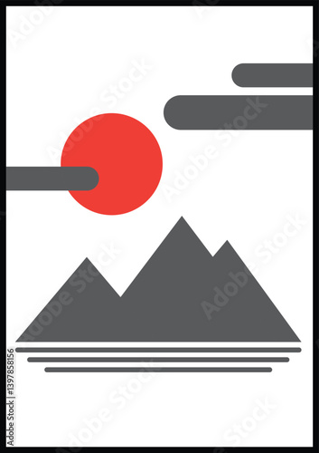 graphic vector for wall decoration of abstract mountain scenery on white background