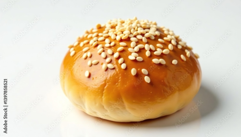 Sesame seed top, slightly glossy bun, white backdrop , studio, bakery, wheat Sesame seed top, slightly glossy bun, white backdrop , studio, bakery, wheat