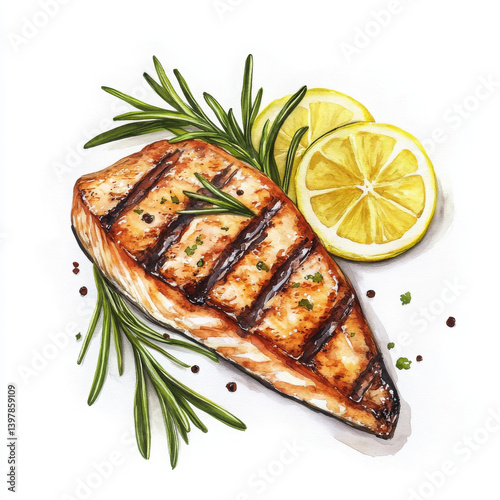 Grilled salmon fillet garnished with rosemary and lemon slices, showcasing delicious meal
