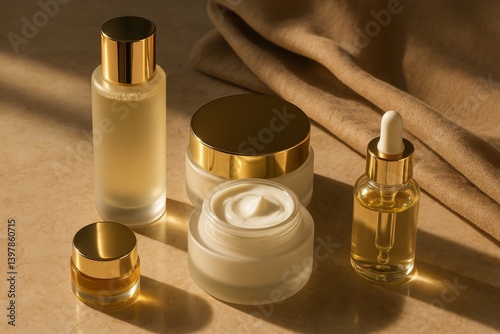 Elegant Skincare Products Arranged on a Marble Countertop in Soft Natural Light