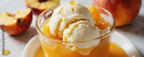 A delightful dessert featuring a glass bowl filled with creamy ice cream topped with caramel sauce and drizzled honey 