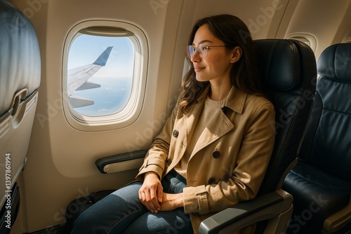 Woman Enjoying a Scenic View From an Airplane Window During a Daytime Flight