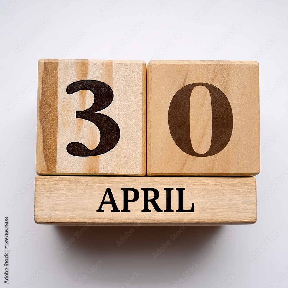 Minimalist photo of wooden blocks with date 30 April. Day and month, calendar on white background Minimalist photo of wooden blocks with date 30 April. Day and month, calendar on white background