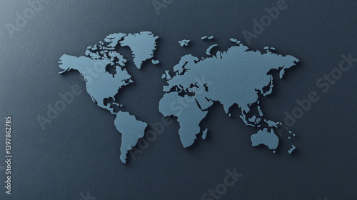 A textured blue world map on a dark background, showcasing the continents with a modern and minimalist design.