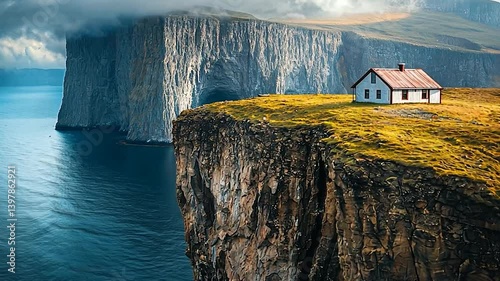 A solitary house perched on a cliff overlooking the ocean, surrounded by dramatic cliffs and clouds