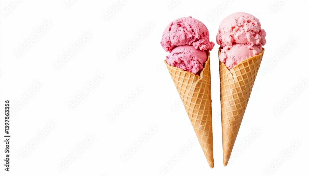two waffle cones with pink strawberry ice cream forming heart shape on white background, sweet summer dessert and romantic food concept two waffle cones with pink strawberry ice cream forming heart shape on white background, sweet summer dessert and romantic food concept