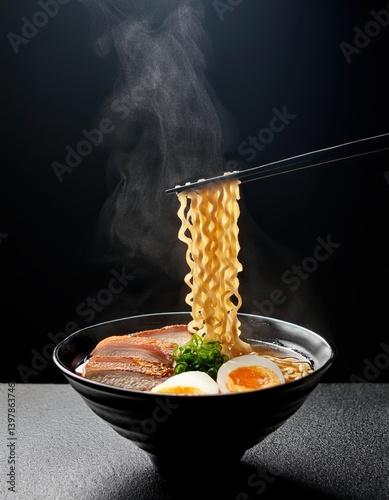 Steaming Ramen Temptation: A close-up shot showcases a steaming bowl of ramen noodles with rich broth, tender meat, and a perfectly cooked egg, inviting culinary indulgence.