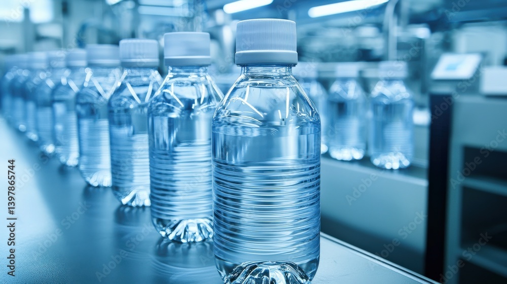 A row of clear plastic water bottles filled with water, highlighted in a factory setting with a cool blue ambiance. A row of clear plastic water bottles filled with water, highlighted in a factory setting with a cool blue ambiance.