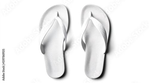 Two white flip flops displayed on a plain white background