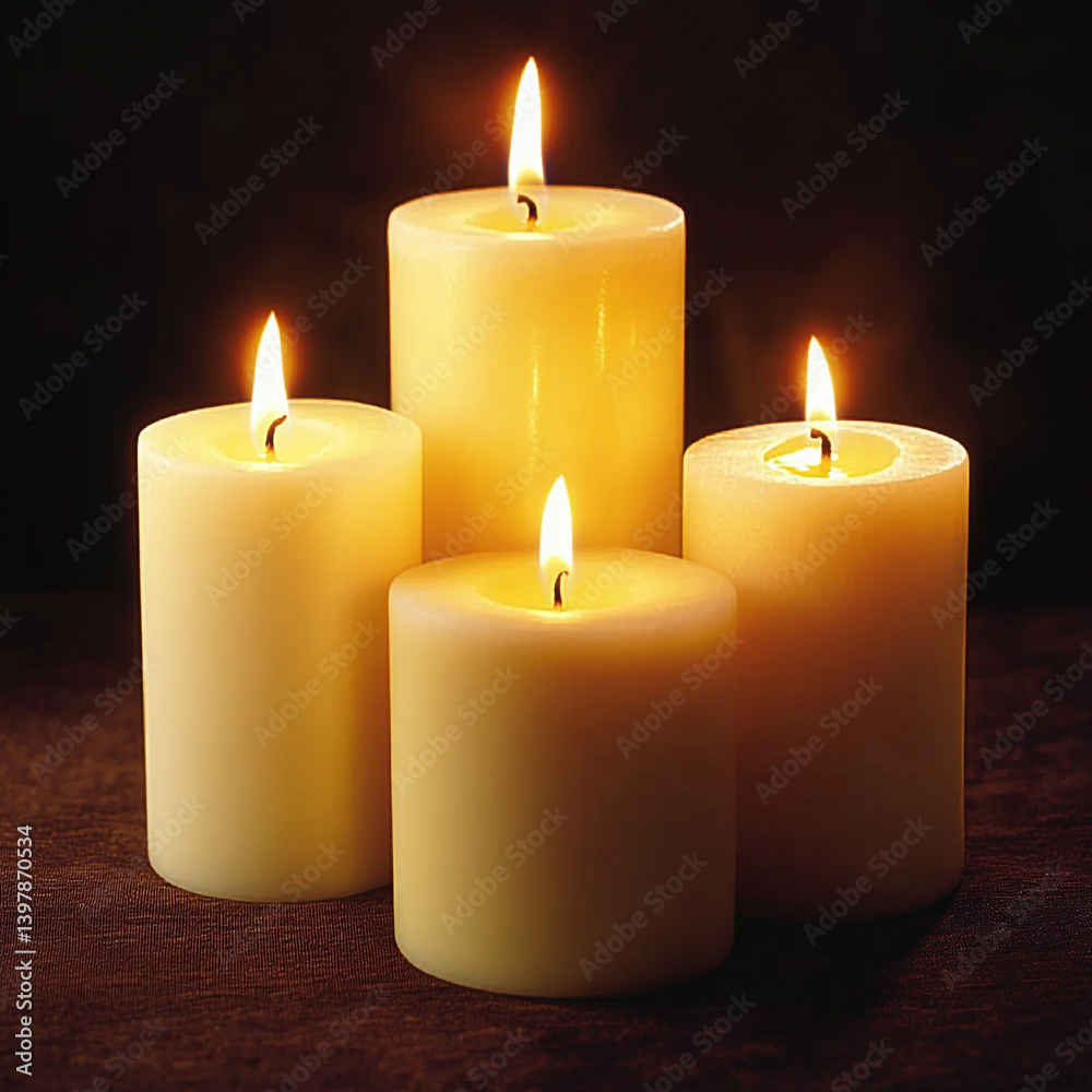 Four Lit Candles Romantic Cozy Hygge Home Decor Still Life Warm Light Peaceful Atmo Four Lit Candles Romantic Cozy Hygge Home Decor Still Life Warm Light Peaceful Atmo