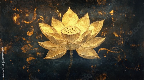 A handcrafted golden leaf painting of a lotus flower, glowing with spiritual significance