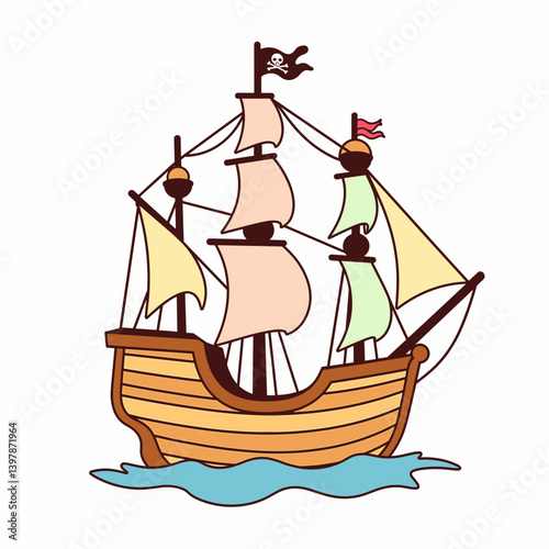 Colorful pirate ship illustration with sails and jolly roger flag on sea background copy space
