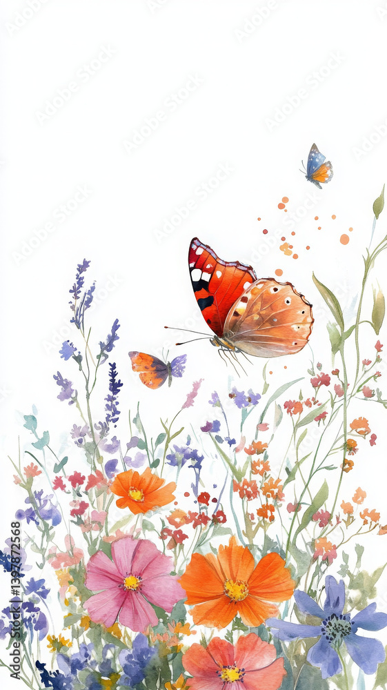 Fototapeta premium vibrant butterfly flutters above colorful array of wildflowers, creating serene and joyful scene