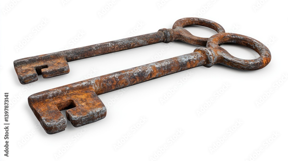 Two old weathered keys lying isolated on a white surface Two old weathered keys lying isolated on a white surface