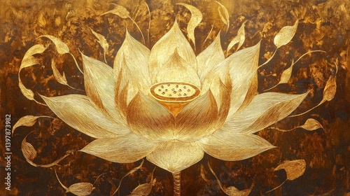A handcrafted golden leaf painting of a lotus flower, glowing with spiritual significance