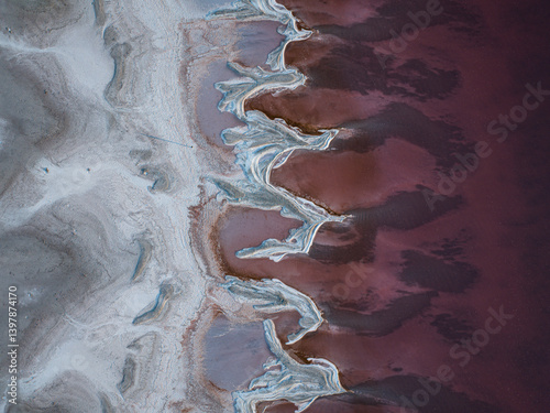 Aerial view of the great salt lake with beautiful patterns and colors, Corinne, Utah, United States.
