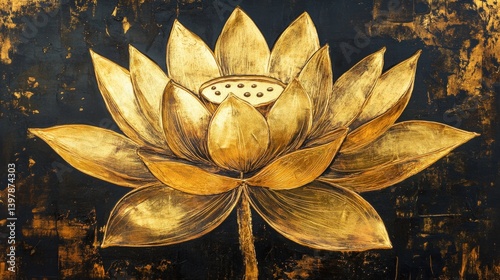 A handcrafted golden leaf painting of a lotus flower, glowing with spiritual significance