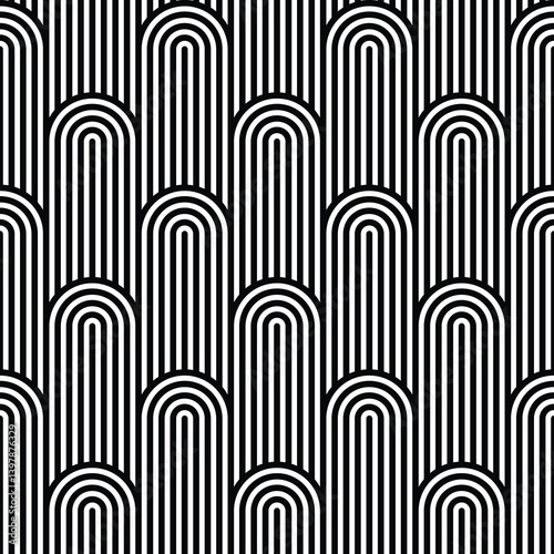Black and white seamless pattern featuring repeating vertical stripes that curve into semicircles, or arc shape.
