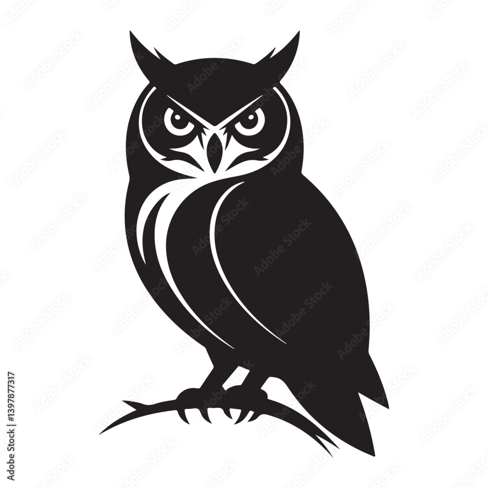 Fototapeta premium Bold black owl silhouette perched on a branch with intense eyes, perfect for nature art.