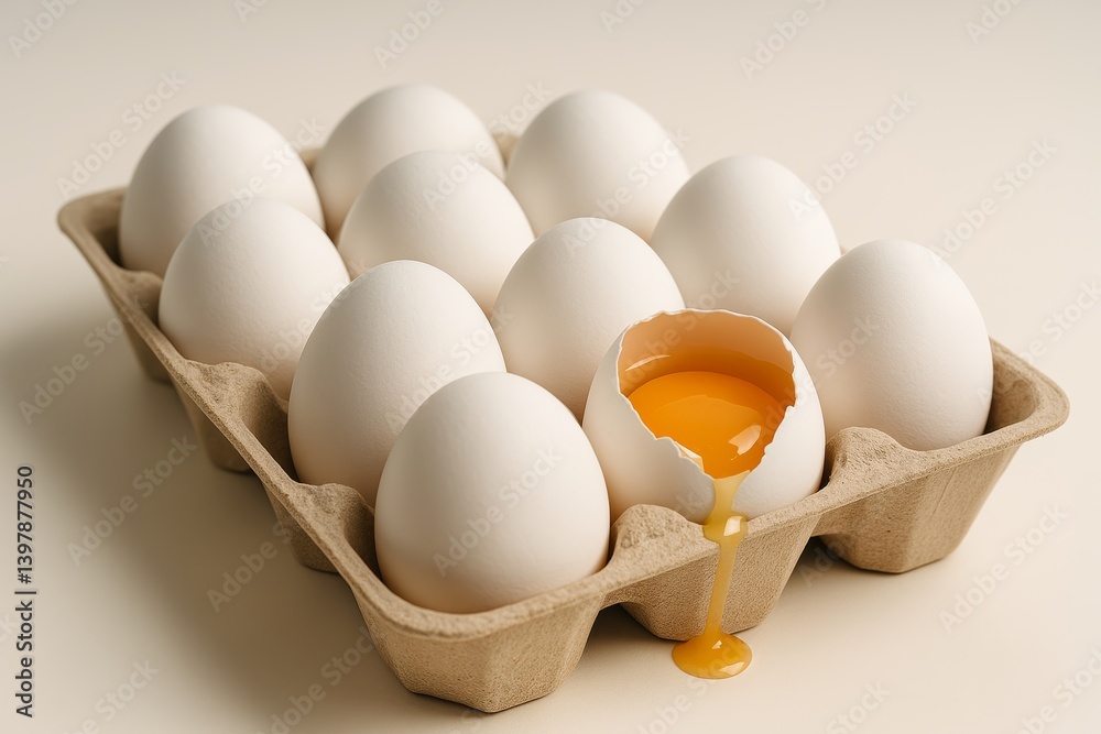 Fresh Eggs in a Carton with a Broken Shell and Spilled Yolk on a Neutral Background, Perfect for Culinary or Cooking Concepts Fresh Eggs in a Carton with a Broken Shell and Spilled Yolk on a Neutral Background, Perfect for Culinary or Cooking Concepts