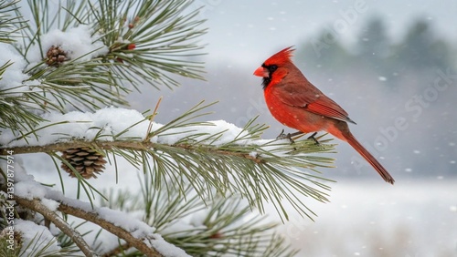Red cardinal bird in winter scene