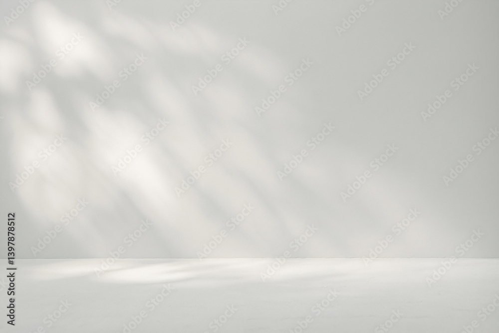 Fototapeta premium Minimal light grey scene with soft natural shadows on the wall, creating a peaceful and airy atmosphere full of subtle elegance. Generative AI