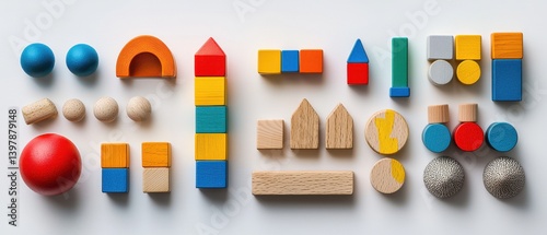Obraz na płótnie Connect Toys Colorful wooden toys arranged in various shapes and sizes on a light background. w salonie
