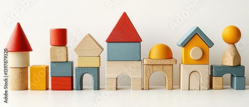 Obraz na płótnie Connect Toys Colorful wooden building blocks arranged in various shapes and sizes on a light background. w salonie