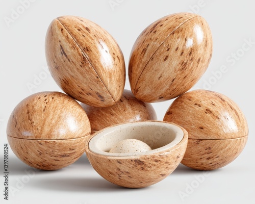 A collection of wooden eggs with a natural finish, some open to reveal smaller eggs inside, showcasing a unique and artistic design.