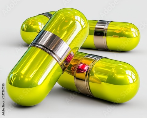 A vibrant image of glossy yellow capsules stacked together, showcasing a modern design and metallic detailing.