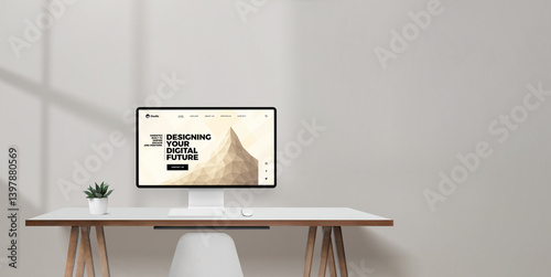 Desktop monitor displaying concept website with the header 'Designing your digital future', clean desk with open wall space for copy or branding