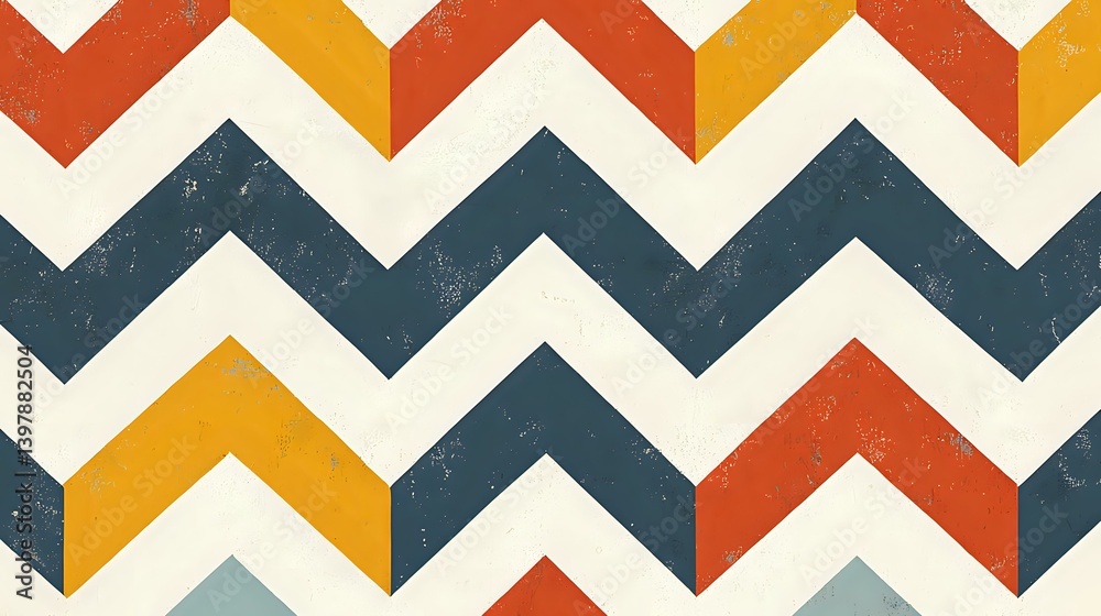 Obraz premium Retro zigzag pattern in navy blue, orange, and yellow with distressed texture creates dynamic geometric design. Seamless repeat for fabric and wallpaper applications.