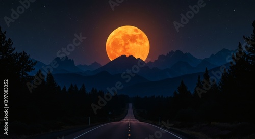 Dramatic Full Moon Rising Over Mountain and Road at Night