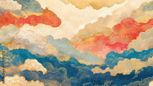 A modern interpretation of traditional Chinese cloud patterns in vibrant auspicious colors