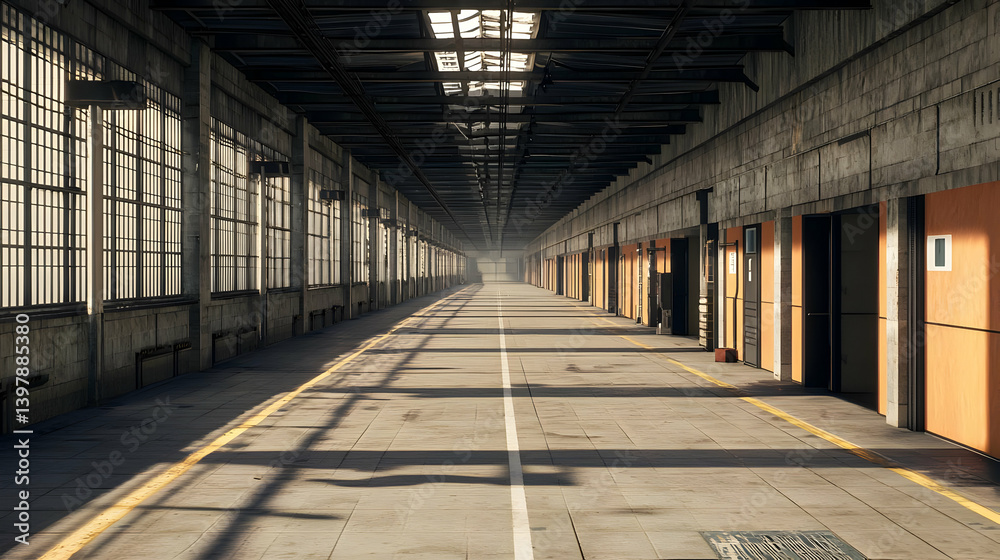 Abandoned Industrial Hallway With Sunlight And Shadows Abandoned Industrial Hallway With Sunlight And Shadows