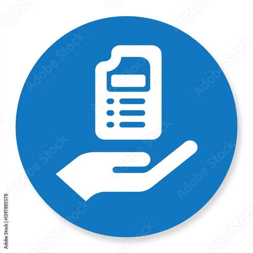 A hand holding a document icon on a blue circular background, symbolizing assistance, information, or customer service.