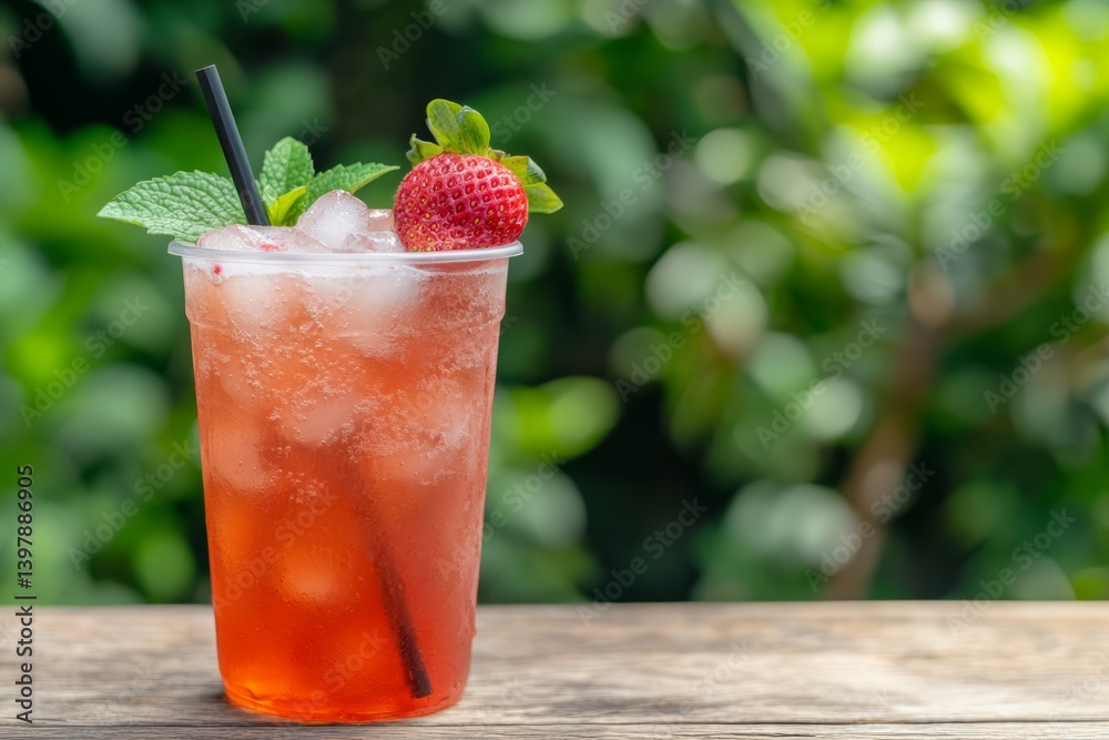 Refreshing Strawberry Drink with Mint Garnish in Clear Cup on Wooden Table Outdoors Refreshing Strawberry Drink with Mint Garnish in Clear Cup on Wooden Table Outdoors