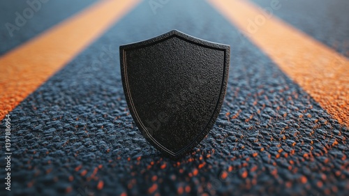 A black shield laying on an asphalt road with orange lines. Protection concept.