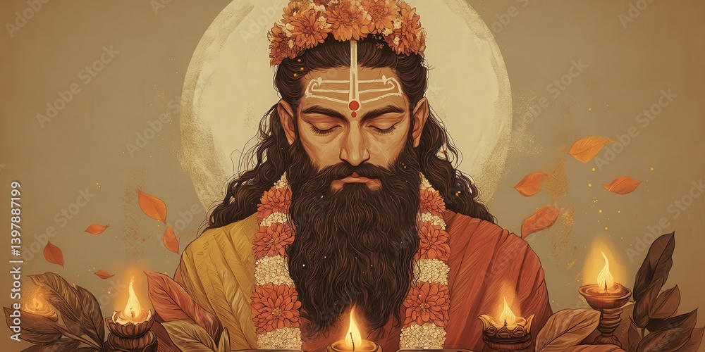 Fototapeta premium Whimsical illustration of a bearded man crowned with flowers, garlanded, and surrounded by glowing diyas. Gentle, earthy tones create a serene atmosphere