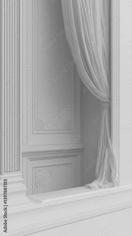 Fototapeta premium Architectural details showcase elegant white walls and draped fabric curtains