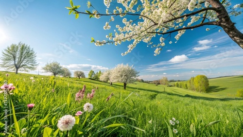Green grass under clear blue sky in spring panorama