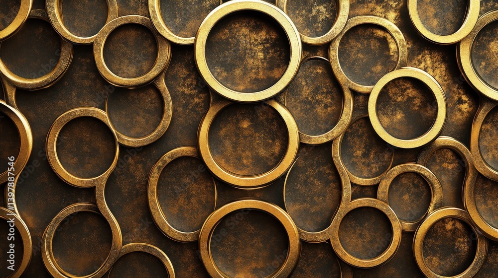 A repeating pattern of interlocking golden circles, creating a mesmerizing visual effect A repeating pattern of interlocking golden circles, creating a mesmerizing visual effect