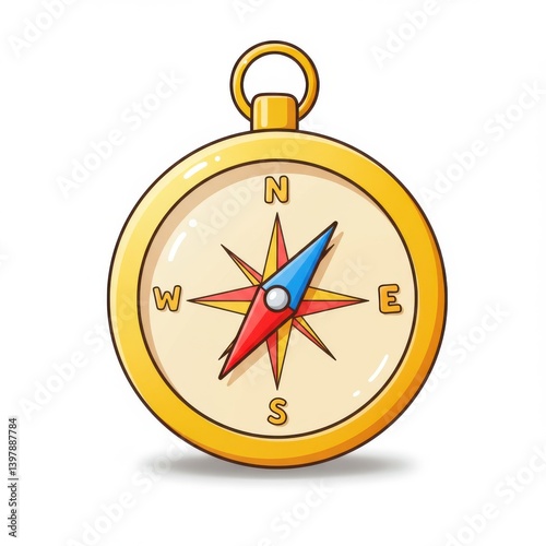 A cartoon golden compass with north east south and west directions on a plain white background image