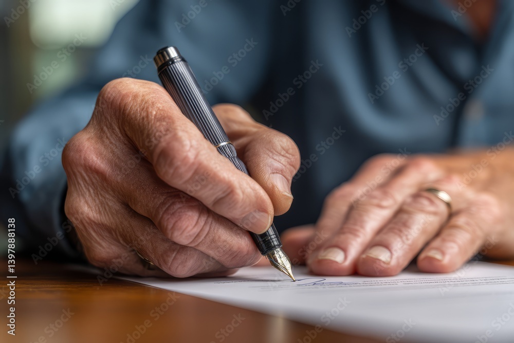 Close Up of Hand Writing with Pen on Paper in Office Setting with Natural Lighting