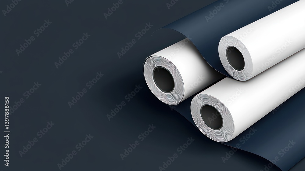 Fototapeta premium Three white rolls of paper resting on dark blue sheets