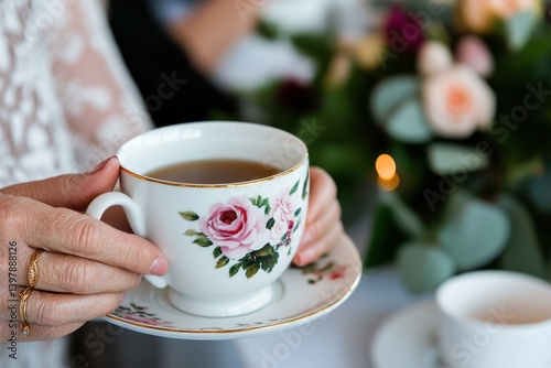 A charming vintage teacup featuring rose designs, held by a hand, symbolizing elegance and the joy of tea-drinking in cherished moments with loved ones.
