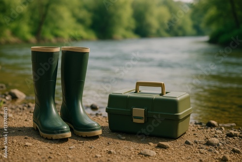 Green Rubber Boots and a Tackle Box by the Riverbank in the Afternoon Sun